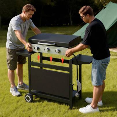 Gas Griddle, 3-Burner Flat Top Grill, Propane Griddle With Wheels, Lid, 3 X 11000 BTU Outdoor Flat Top Grills For Pan-Frying, Grilling, Stir-Frying, & BBQ, Pulse Ignition, Removable Top Design