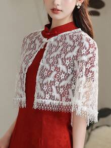 1pc Lace Hollow-Out Tassel Bridal Shawl, New Chinese Style Lightweight Bolero For Spring/Summer, White - White - View 4