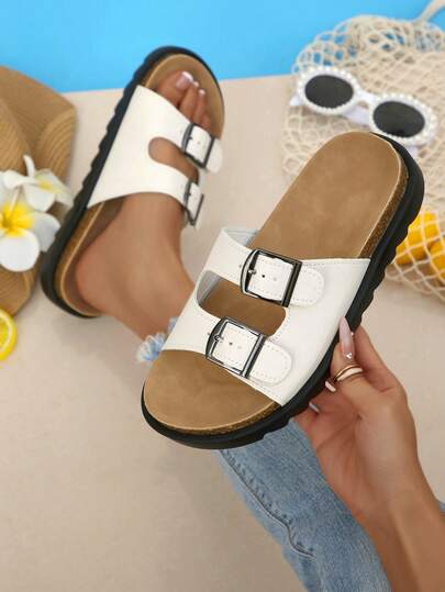 Sandal đế bằng mũi tròn trang trí khóa cài, kiểu dáng giản dị, sandal đi biển đa năng thời trang cổ điển dành cho nữ.