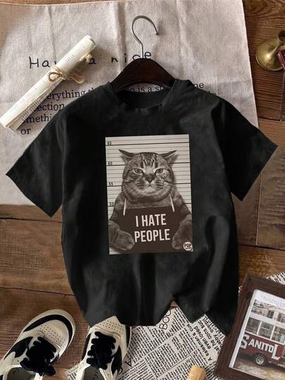 YUNCHIC 2026 Moda, Ten sam styl co wyszukiwany, Nowy damski czarny T-shirt imprezowy z nadrukiem kota | Styl więzienny, Wzór zwierzęcy, Okrągły dekolt, Odpowiedni na każdą porę roku