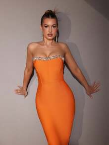 Modphy 优雅水钻装饰抹胸鸡尾酒礼服，适合假日派对 - 橘色 - 查看 7