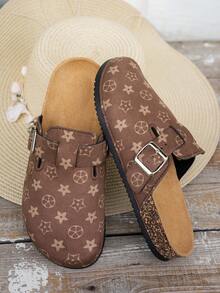 女士休闲纯色绒面革套脚穆勒拖鞋，有保暖内衬款和非保暖款可选 - 棕色印花 - 查看 6