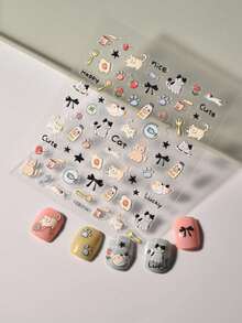 1pc 5d Embossed Cartoon Bowknot & Kitten Design Waterproof Nail Sticker Nail Stickers DIY - Nhiều màu - Xem 6