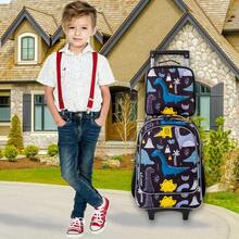 3PCS Kids Rolling Backpack, Roller Wheels Boys Bookbag - Wheeled Suitcase Elementary School Bag - Dinosaur - Black - View 6