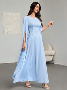 Vestido azul de línea A elegante para primavera/verano de mujer - Manga larga, cintura con lazo, abertura lateral, vestidos de verano para mujer, atuendos de playa para mujer, vestidos elegantes para fiesta, vestido de invitada de boda, vestido elegante para mujer - Azul - Ver 6