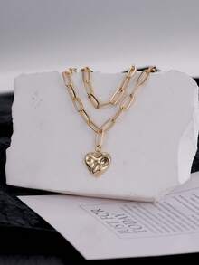 2pcs Copper Ins Hip Hop Metal Style Necklace, Double Layer Collarbones Chain With Zirconia Heart Pendant, For Men - Yellow Gold - View 4