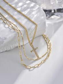 3pcs Copper Cross Pendant Necklace Set With Paper Clip Elements, Fashionable Jewelry Suitable For Vacation Accessories - Yellow Gold - View 8