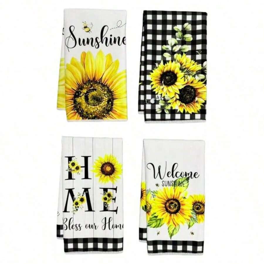 4pcs Sunflower Print Ultra-Soft Microfiber Cleaning Cloth Set - Super Soft, Quick Drying, Highly Absorbent, Machine Washable - Multicolor - View 1
