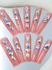 CrystalHola Valentine's Day : 10 Handmade Press-On Nail Stickers, Square Long Nails, Pink Nail Surface With Sparkling Rhinestones, Full Coverage, Removable And Reusable, Long-Lasting , Unique Summer Nail Art, A Must-Have Fashion Accessory For Parties And Weddings. Nail Supplies - Multicolor - View 4