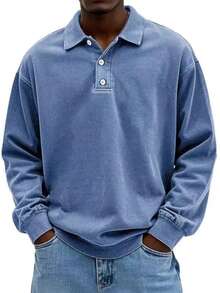 2026 nuevo estilo hombre camisa casual versátil manga larga botón solapa camisa polo - Azul - Ver 2