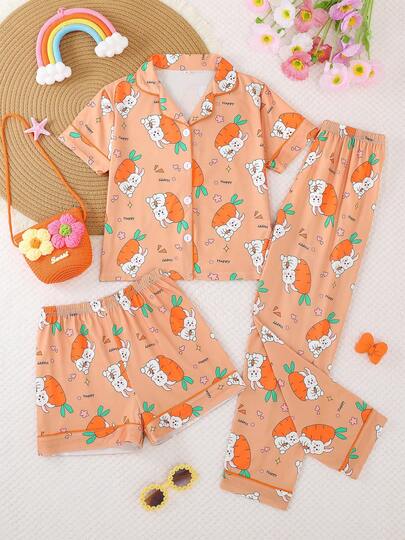 3pcs/Set Girls' Casual Cartoon Rabbit & Carrot Print Polo Collar Short Sleeve Cardigan, Shorts & Pants Sleepwear Set, Flame Retardant, All Season