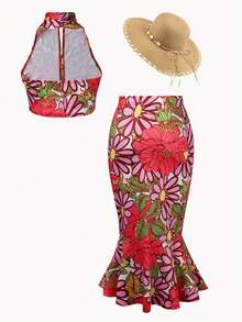 两件套女童热带印花露背吊带背心和中长鱼尾裙，适合海滩和度假穿着 - 彩色 - 查看 3