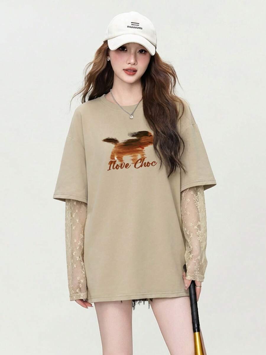 2026 New Lace Splice Sleeve Elegant Charming Women's Top, Hand-Painted Animal Print Round Neck Long Sleeve T-Shirt, New Year Outfit - 2A11 Khaki - 1203 - View 1