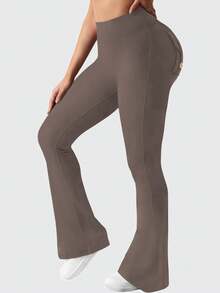 Women's Outdoor Flared Pants With Pockets, Women's Tight Fit Sports Leggings Butt Lifting Yoga Pants - Cà phê nâu - Xem 4