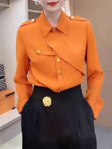 SUNSTORY 女士撞色优雅性感衬衫，女士优雅休闲长袖衬衫，通勤上衣，海滩早午餐套装，办公室茶话会音乐节衬衫，乡村音乐节连衣裙，休闲户外度假连衣裙，返校连衣裙，复古休闲衬衫，优雅通勤商务度假衬衫 - 橘色 - 查看 1
