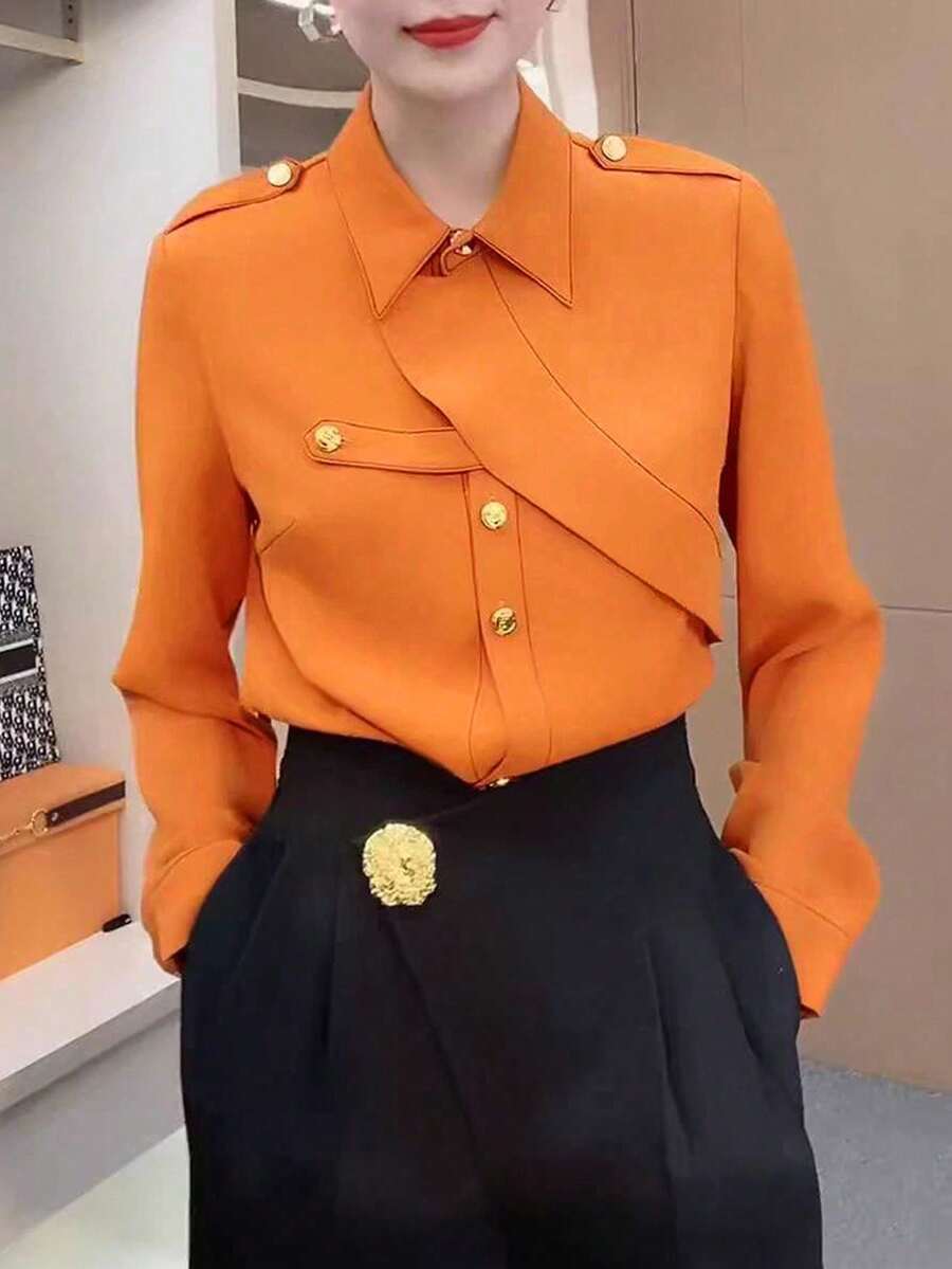 SUNSTORY 女士撞色优雅性感衬衫，女士优雅休闲长袖衬衫，通勤上衣，海滩早午餐套装，办公室茶话会音乐节衬衫，乡村音乐节连衣裙，休闲户外度假连衣裙，返校连衣裙，复古休闲衬衫，优雅通勤商务度假衬衫 - 橘色 - 查看 1