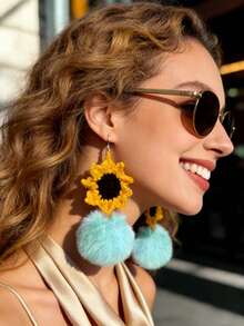 Handmade Crochet Sunflower Pom-Pom Earrings Boho Chic Statement Accessories For Festivals & Everyday Style - Mint Green - View 5