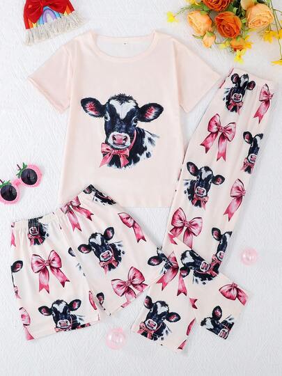 Conjunto de 3 piezas de pijama informal para niñas con estampado de vaca y lazo, de cuello redondo y manga corta, que incluye top, pantalones cortos y pantalones, resistente a las llamas, para todas las estaciones