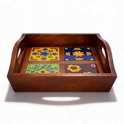 Mango Wood Serving Tray With Handle And 4 Fitted Floral Ceramic Tiles Wooden Platters Perfect For Breakfast Tea Coffee Snacks Dinner 23x23x8 Cm