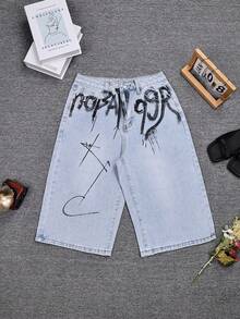 Quần short denim ống rộng dáng Bermuda, chất liệu denim, in chữ và mực đen, túi xéo, thích hợp mặc hàng ngày, đi chơi hoặc cho mùa xuân hè, dành cho nữ. - Màu xanh nhạt - Xem 5