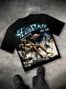(220 Grams Pure Cotton T-Shirt) Features The Y2K Style American Streetwear. With The "H-E-L-L-S-T-A-R" Logo On The Top Featuring A Blue-Black Gradient Metallic Font, It Has Sharp Angular Designs, An Artistic Graffiti Casual Vibe. It Is Suitable For Both Men And Women And Can Be Worn For Daily Leisure, Queuing, And During Holidays. - màu đen - Xem 1