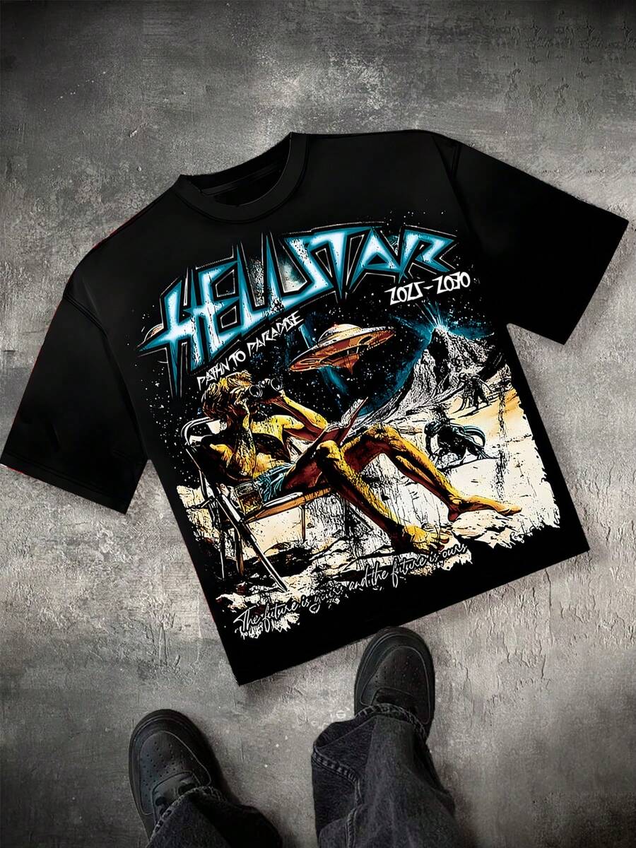 (220 Grams Pure Cotton T-Shirt) Features The Y2K Style American Streetwear. With The "H-E-L-L-S-T-A-R" Logo On The Top Featuring A Blue-Black Gradient Metallic Font, It Has Sharp Angular Designs, An Artistic Graffiti Casual Vibe. It Is Suitable For Both Men And Women And Can Be Worn For Daily Leisure, Queuing, And During Holidays. - màu đen - Xem 1