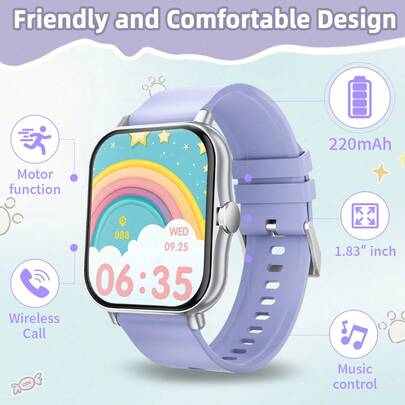 2026新款220mAh电池智能儿童手表，适合儿童和青少年，支持通话/接听，多种运动模式，1.83英寸高清全触控屏，计步器，卡路里计数器，消息和来电提醒，适用于安卓/iOS系统的多功能智能手表，节日和生日礼物