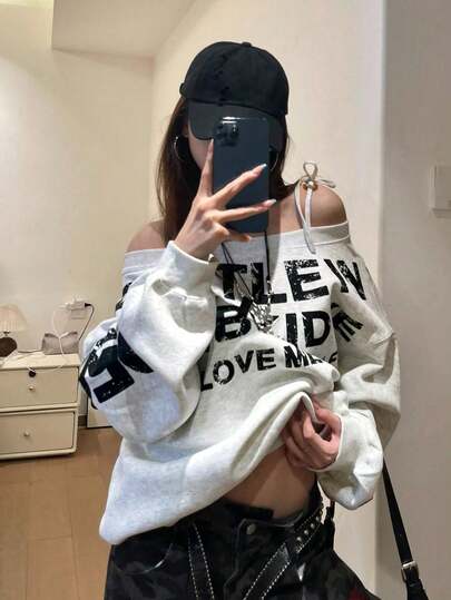 European & Korean Style Letter Design Women Long Sleeve Sweatshirt Top, American Casual Brand