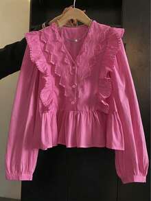 ii Casual Solid Color Lace Patchwork Ruffle Trim Long Sleeve Blouse Spring - Hot Pink - View 3