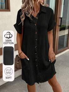 Women's A-Line Dress,% Short Sleeve Button-Front Blouse Shirt Dress, Soft Breathable Casual To Semi-Formal Wear, Washable All-Season Outfit, - 軍綠色 - 查看 10