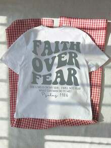 1pcs Plus Size Women's T-Shirt, Printed With "FAITH OVER FEAR" And Bible Verse Designs On The Back, Suitable For Church Services, Religious Activities - 白色 - 查看 3