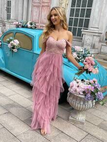 Fashionable Elegant Lace Splicing Mesh High Slit Bridesmaid Gown Dresses - Pink - View 6