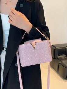 Bolso de cubo brillante para mujer, bolso de hombro y bandolera versátil, de moda para ir al trabajo y de compras - Rosa - Ver 5