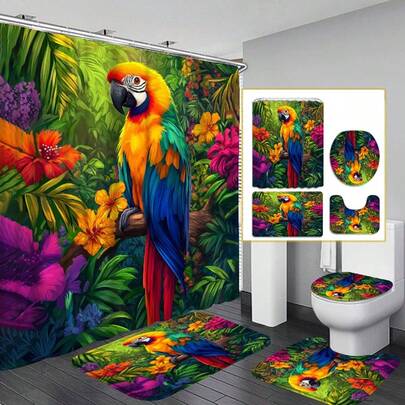 1/4 Pcs Parrot Tropical Rainforest Animal Pattern Shower Curtain, Oil Painting Style, Vibrant Colors Highlighting Natural Beauty, Bathroom Decor, Waterproof Polyester Fabric With 12 Hooks, Non-Slip Bathroom Mat, U-Shaped Toilet Seat Cover