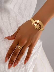 2件套时尚金属星月手链和1枚星月戒指首饰套装，独特两件套，经典朋克嘻哈风格，适合节日和派对佩戴 - 金黃色 - 查看 1