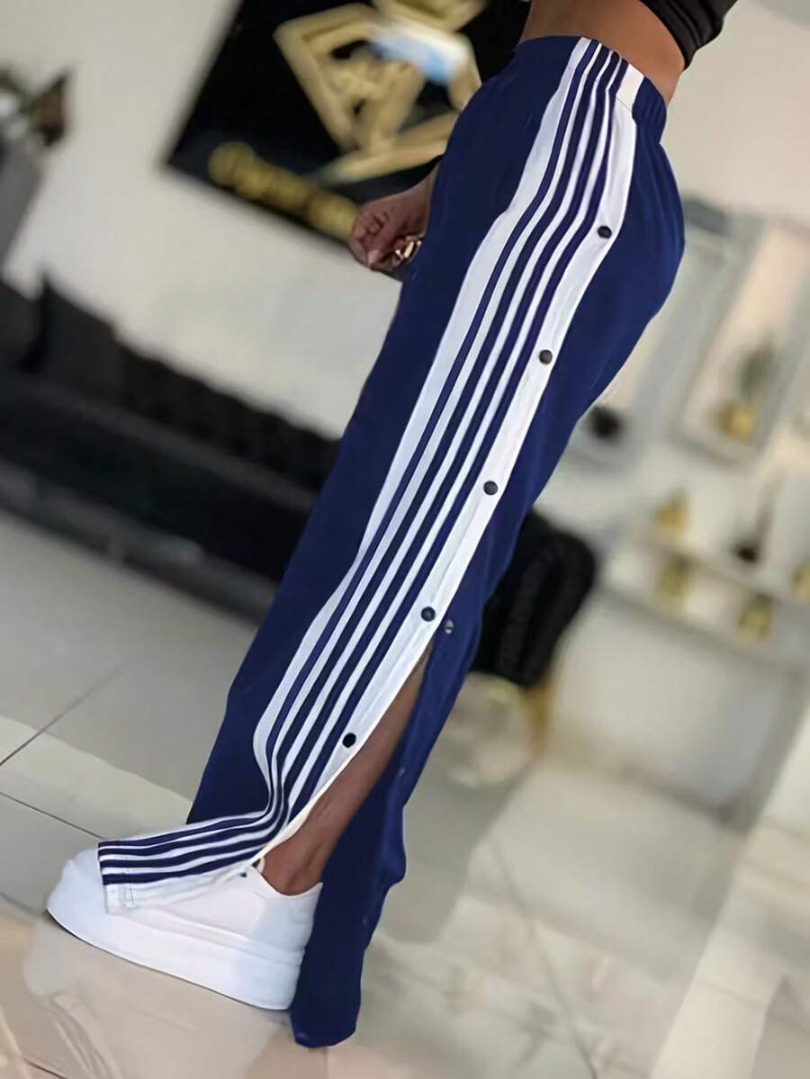 白色和藏蓝色条纹阔腿裤，白色条纹和纽扣设计，休闲舒适，适合运动和日常穿着（可机洗），裤脚无弹性，春季款 - 藏蓝色 - 查看 1