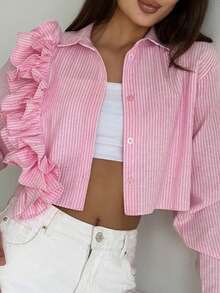 Solstice Apparel 女士优雅休闲日常荷叶边领条纹粉色衬衫，适合办公室、情人节、所有季节穿着 - 粉色 - 查看 9