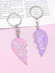 Best Friends Couple Keychain Two Tone Oil Drop Split Heart Pendant Bag Charm Double Heart Accessory Gift - Pink + Purple - View 1