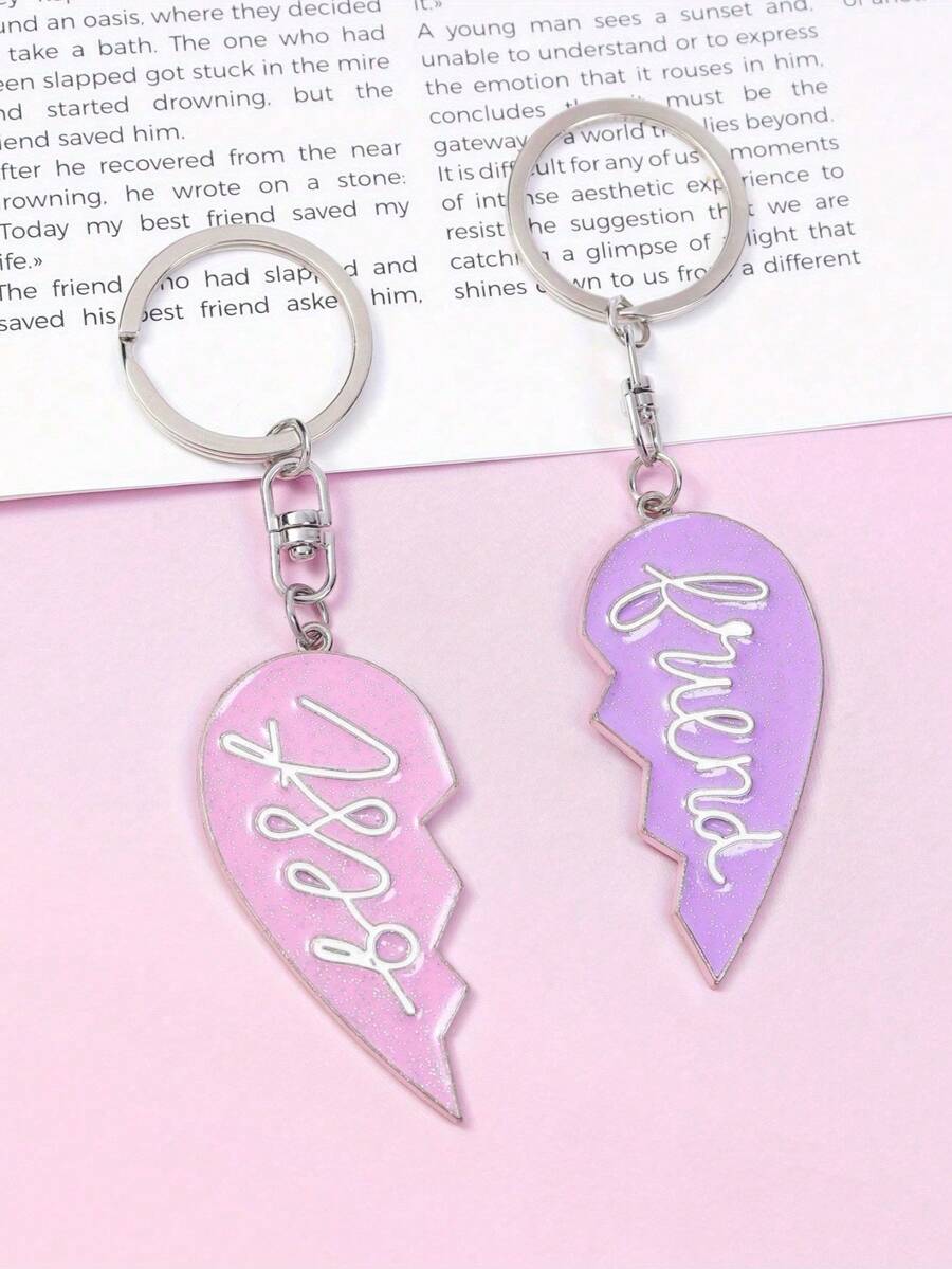 Best Friends Couple Keychain Two Tone Oil Drop Split Heart Pendant Bag Charm Double Heart Accessory Gift - Pink + Purple - View 1