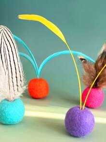 1pc New Self-Entertaining Unique Handmade Natural Feather & Wool Ball Cat Teaser Wand Toy, Suitable For Small/Medium Cats, Interactive Play To Consume Energy And Strengthen Bond - Multicolor - View 1