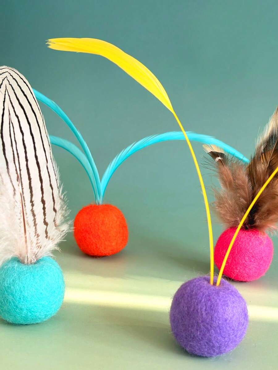 1pc New Self-Entertaining Unique Handmade Natural Feather & Wool Ball Cat Teaser Wand Toy, Suitable For Small/Medium Cats, Interactive Play To Consume Energy And Strengthen Bond - Multicolor - View 1