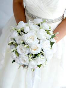 Artificial White Rose Bridal Wedding Bouquet, Lace Bow & Rhinestone Decor, Proposal Gift, Toss Bouquet - Multicolor - View 3