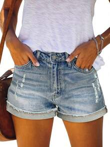 女士时尚休闲口袋做旧毛边牛仔短裤 夏季 - 復古 - 查看 3
