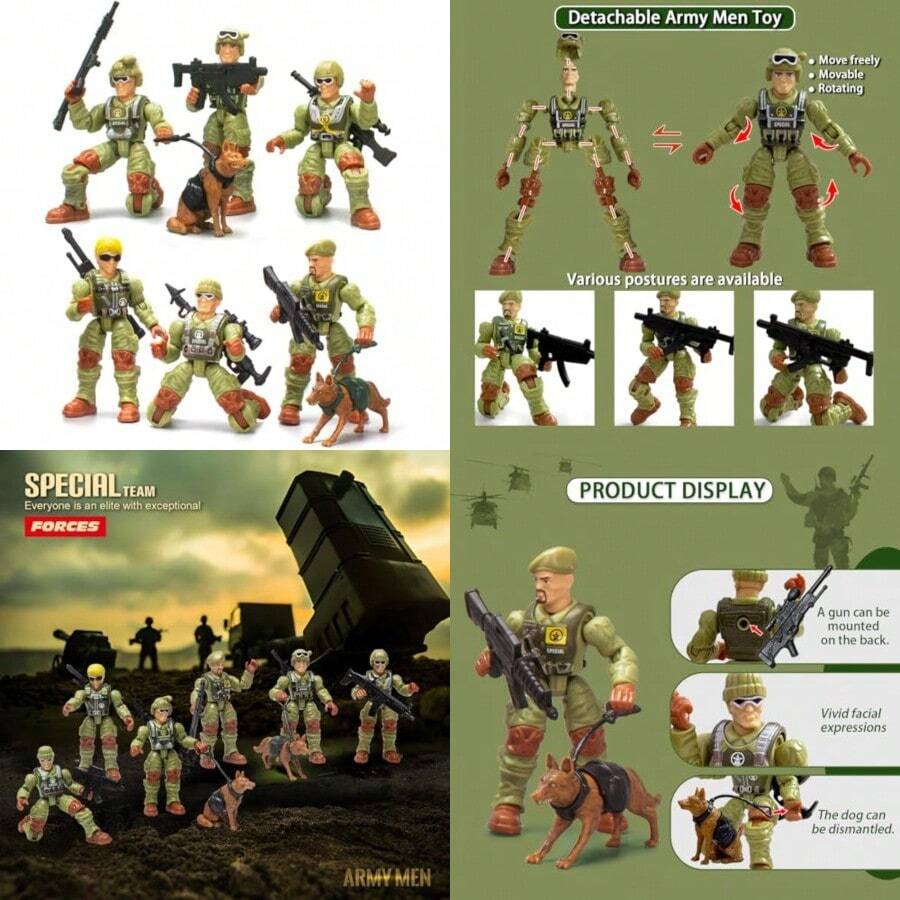Baimiby Army Men Action FiguresToy Soldiers For Boys Age 4-7 Military Playset Plastic Army Men Toys With 2 Dog Figures 6 Weapons Birthday Gift For Military Collectors Boys 6-8Relieve Stress, Relieve Stress, Boring Toys - D5綠 - 查看 1