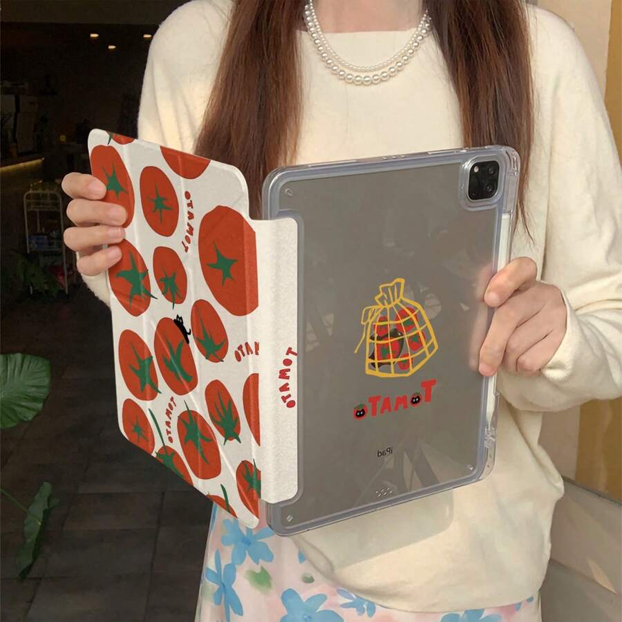 小众番茄黑猫图案扁平保护套，兼容苹果第11代、第12代平板电脑，简约设计，适用于Pro 2025、新款Mini 6、时尚Mini 7、可爱第10代Air 7/6、11英寸平板电脑，男女通用。 - 紅白色 - 查看 1