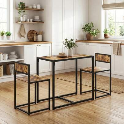 HOMCOM Dining Table And Chairs Set 2, Dining Room Sets, Rectangular Space Saving Table And 2 Chairs For Compact Kitchens, Steel Frame, Rustic Brown