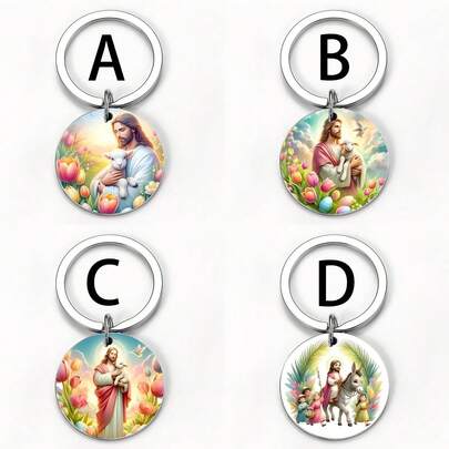 "Easter Keychain - Stainless Steel Color Print With Lamb, Rainbow, Cross & Flowers, Christian Gift For Easter Sunday, Resurrection Basket Stuffer & Church Member "