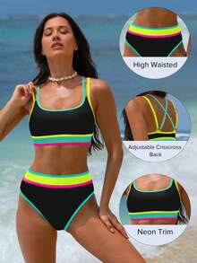 popvil Conjunto de sujetador deportivo y bikini de bloques de color, vacaciones de verano - Negro - Ver 3