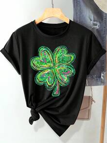 (St. Patrick's Day) Green Pink Black Glitter Texture Design Four-Leaf Clover Pattern Print Fashion Elegant Women's Spring Summer Autumn Casual Sports Style Top Soft Comfortable Round Neck Short Sleeve T-Shirt Available In S-XXL - 黑色 - 查看 7