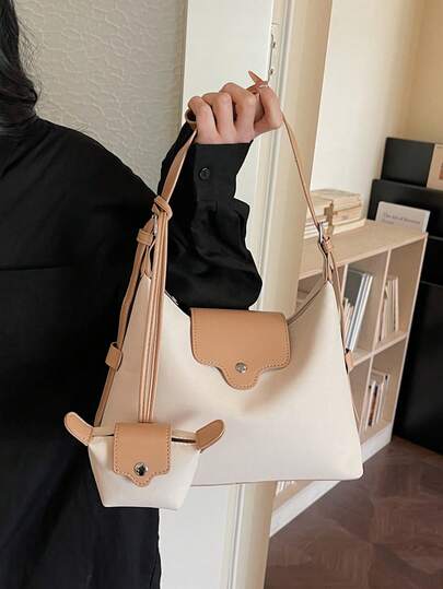 Women's Fashionable, High-Quality, Minimalist, Solid-Color, Large-Capacity Tote Bag With Buckle Design And Attached Small Pouch; A Simple And Stylish Shoulder Bag.